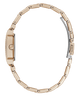 A close-up side view of a gold-tone watch bracelet with a two-tone design featuring silver-colored accents on the clasp and side details, set against a plain white background.