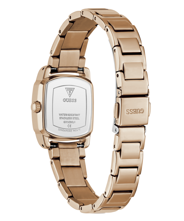 Rose gold stainless steel women's watch with a rectangular case and matching metal link bracelet, shown from the back on a white background.