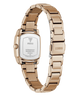 Rose gold stainless steel women's watch with a rectangular case and matching metal link bracelet, shown from the back on a white background.
