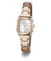 A Guess women's analog watch with a rose gold-tone metal link bracelet, a bezel accented with clear crystals, and a white sunburst dial.