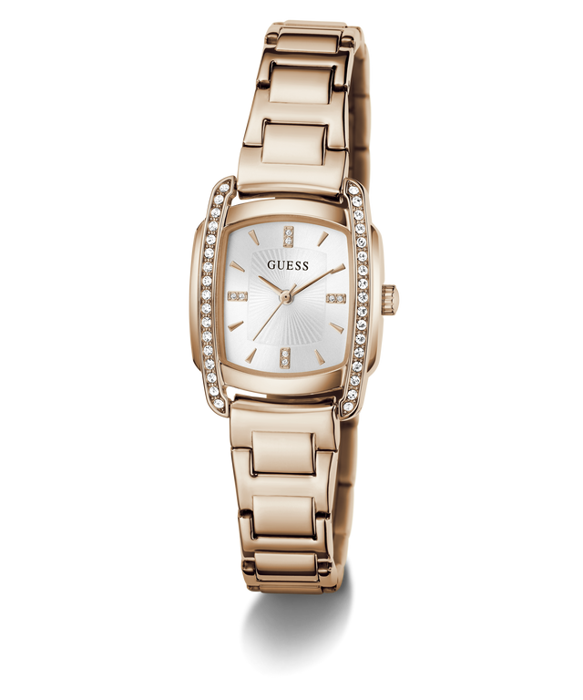 A Guess women's analog watch with a rose gold-tone metal link bracelet, a bezel accented with clear crystals, and a white sunburst dial.