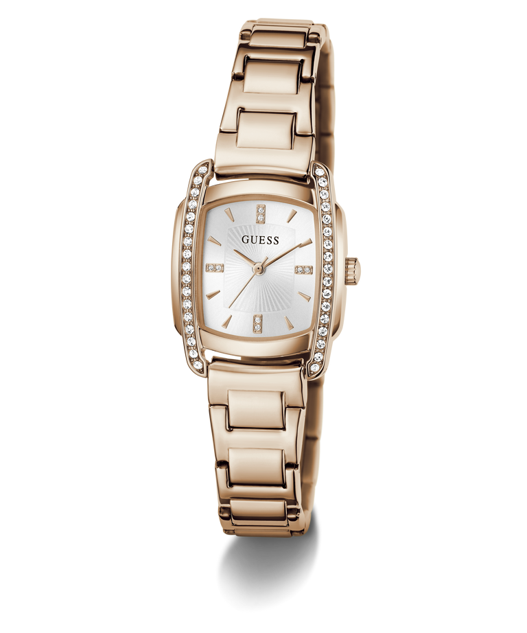 A Guess women's analog watch with a rose gold-tone metal link bracelet, a bezel accented with clear crystals, and a white sunburst dial.