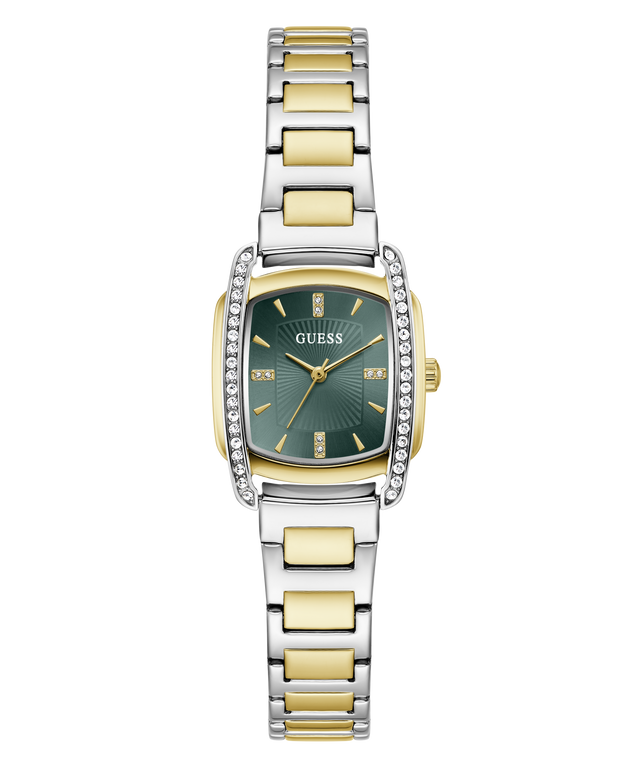 A GUESS women's watch featuring a two-tone silver and gold-tone stainless steel link bracelet, a gold-tone case, and a dark green dial with crystal accents.