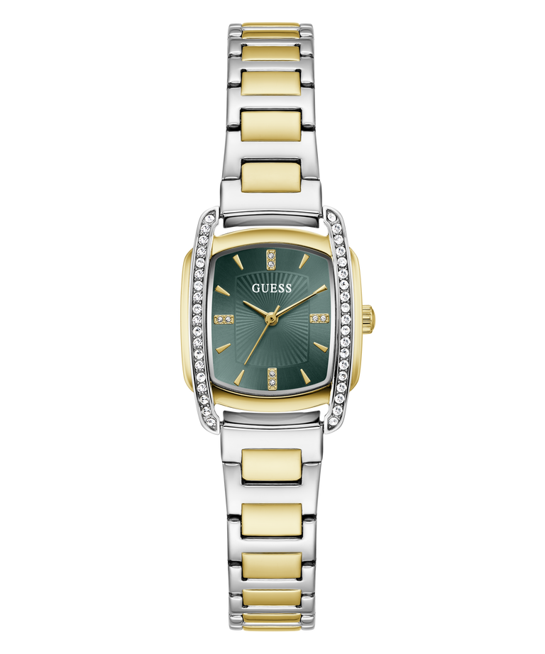 A GUESS women's watch featuring a two-tone silver and gold-tone stainless steel link bracelet, a gold-tone case, and a dark green dial with crystal accents.