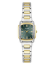 A GUESS women's watch featuring a two-tone silver and gold-tone stainless steel link bracelet, a gold-tone case, and a dark green dial with crystal accents.