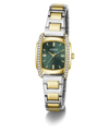 A Guess women's watch featuring a two-tone silver and gold-tone metal link bracelet, a gold-tone case, a green dial with gold-tone hands and hour markers, and a bezel accented with small clear crystals.