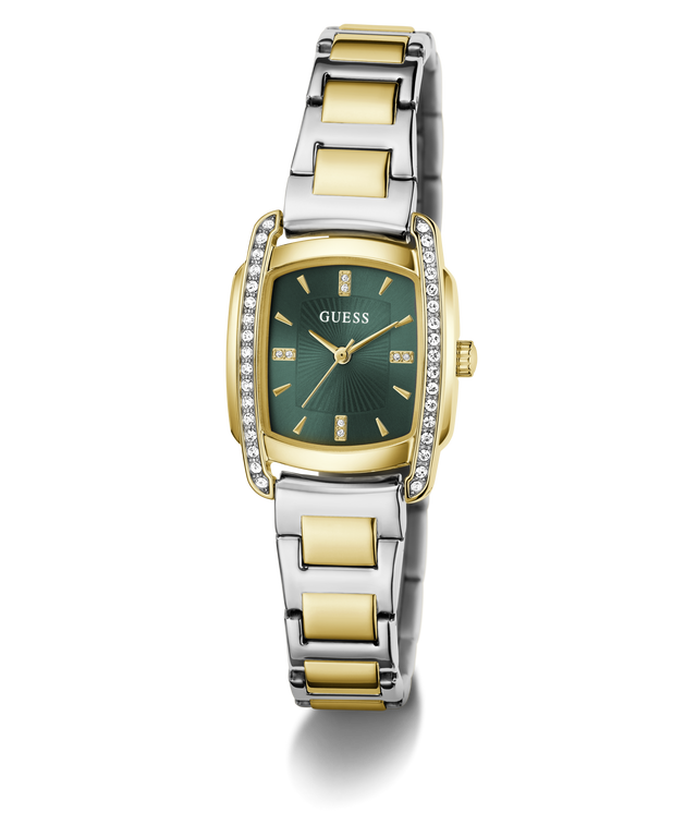 A Guess women's watch featuring a two-tone silver and gold-tone metal link bracelet, a gold-tone case, a green dial with gold-tone hands and hour markers, and a bezel accented with small clear crystals.