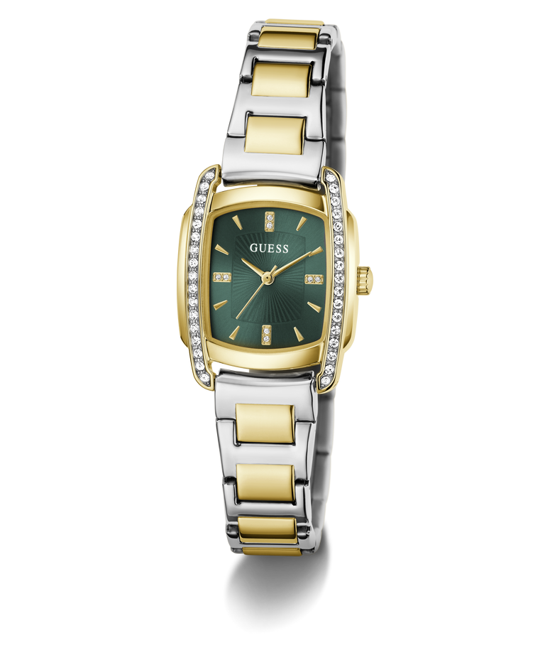 A Guess women's watch featuring a two-tone silver and gold-tone metal link bracelet, a gold-tone case, a green dial with gold-tone hands and hour markers, and a bezel accented with small clear crystals.