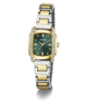 A Guess women's watch featuring a two-tone silver and gold-tone metal link bracelet, a gold-tone case, a green dial with gold-tone hands and hour markers, and a bezel accented with small clear crystals.