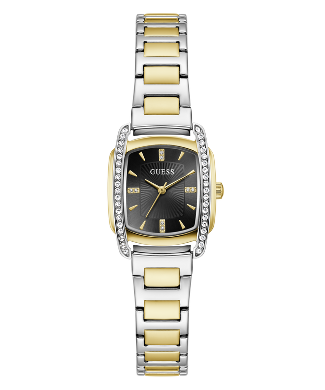 A GUESS women's two-tone watch with a silver and gold-tone metal link bracelet, a bezel set with small clear crystals, and a black dial with gold-tone hands and hour markers.