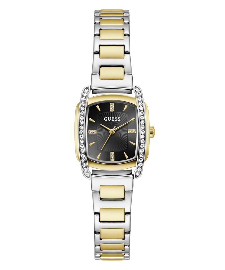 A GUESS women's two-tone watch with a silver and gold-tone metal link bracelet, a bezel set with small clear crystals, and a black dial with gold-tone hands and hour markers.