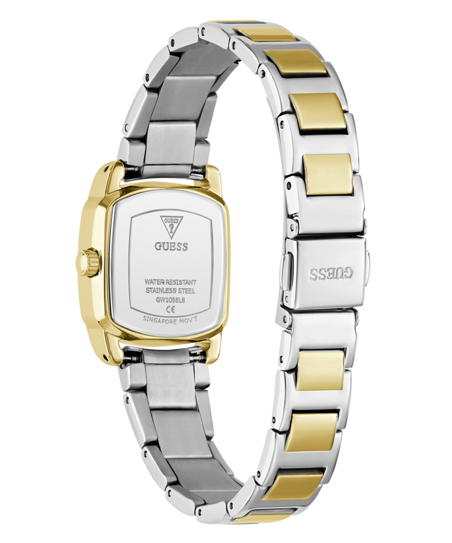 A two-tone stainless steel and gold Guess watch with a square case, shown from the back on a white background. The metal bracelet features alternating silver and gold links, and the brand name 'GUESS' is visible on both the back cover and the clasp.