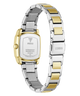 A two-tone stainless steel and gold Guess watch with a square case, shown from the back on a white background. The metal bracelet features alternating silver and gold links, and the brand name 'GUESS' is visible on both the back cover and the clasp.