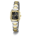 A Guess women's watch featuring a two-tone silver and gold-tone metal bracelet, a gold-tone case, a black dial, and crystal accents on the bezel and lugs, shown on a clean white background.