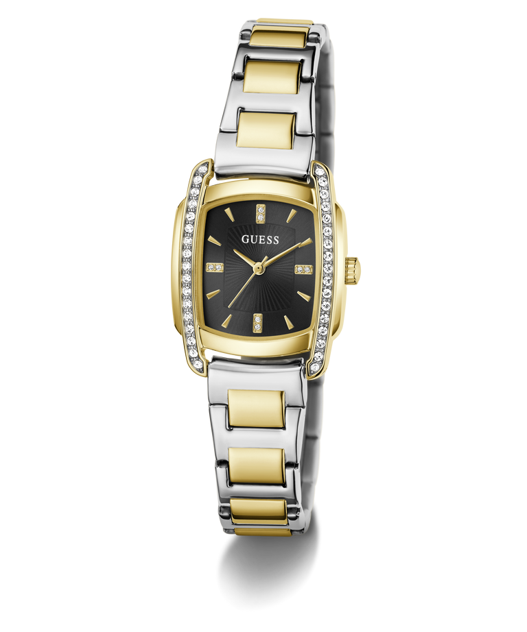 A Guess women's watch featuring a two-tone silver and gold-tone metal bracelet, a gold-tone case, a black dial, and crystal accents on the bezel and lugs, shown on a clean white background.