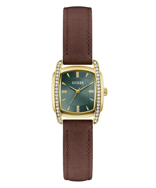 A GUESS women's watch featuring a gold-tone rectangular case with a bezel-set row of clear crystals, a dark green dial, and a brown leather strap, shown against a plain white background.