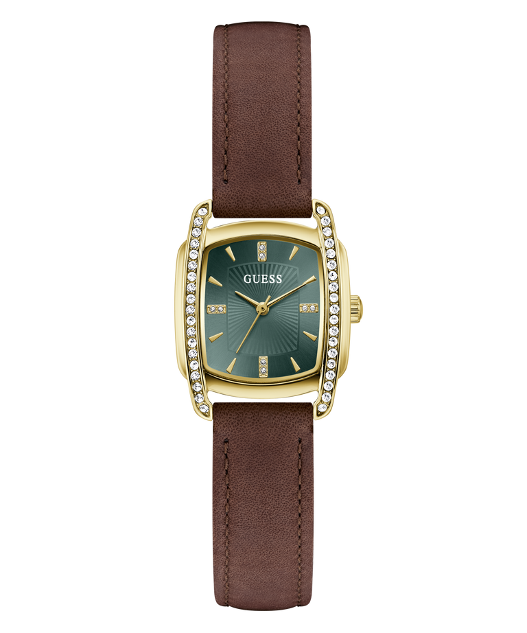 A GUESS women's watch featuring a gold-tone rectangular case with a bezel-set row of clear crystals, a dark green dial, and a brown leather strap, shown against a plain white background.