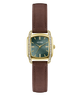 A GUESS women's watch featuring a gold-tone rectangular case with a bezel-set row of clear crystals, a dark green dial, and a brown leather strap, shown against a plain white background.