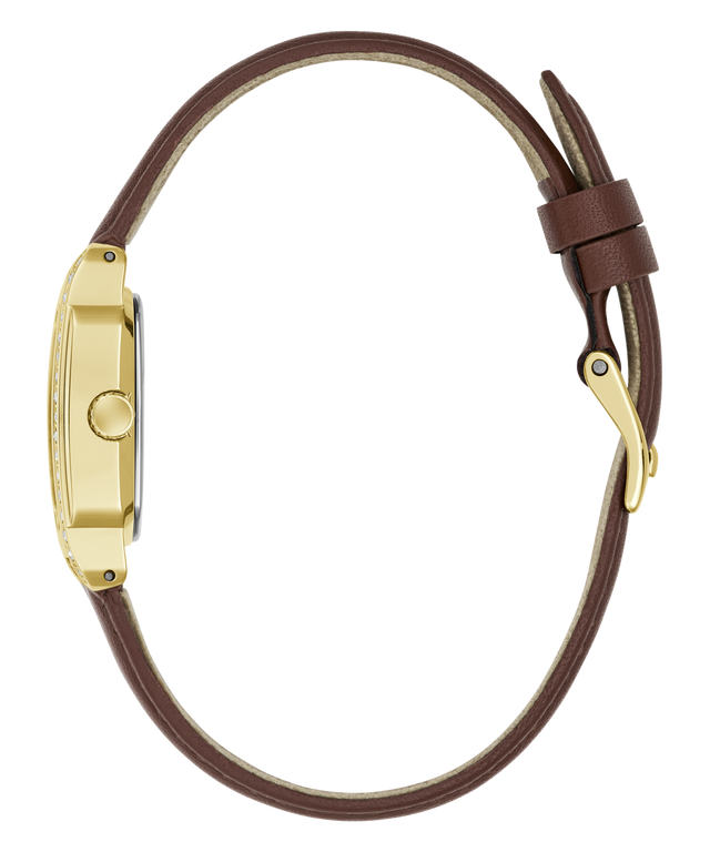 A side profile view of a watch with a gold-tone case and a brown leather strap, shown on a solid white background.