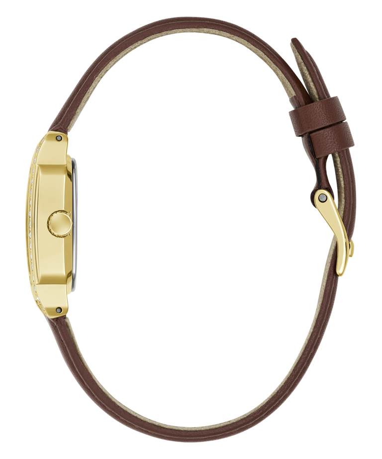 A side profile view of a watch with a gold-tone case and a brown leather strap, shown on a solid white background.
