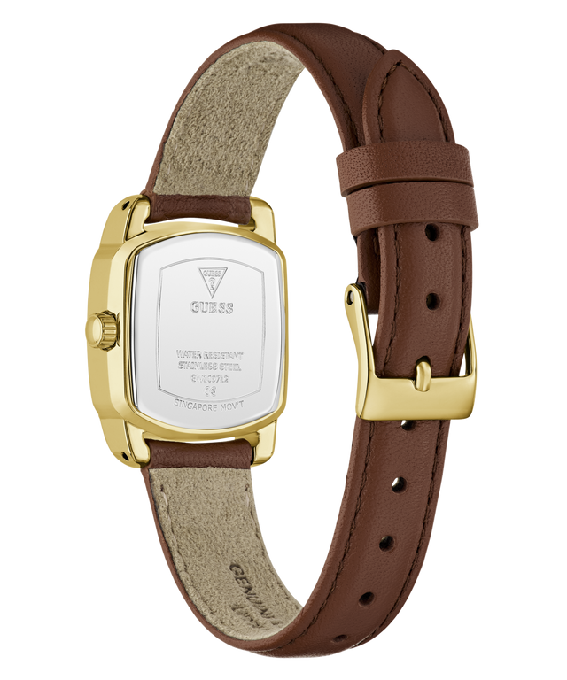 A GUESS women's watch shown from the back, featuring a gold-tone rectangular case, a brown leather strap, and a beige fabric lining.