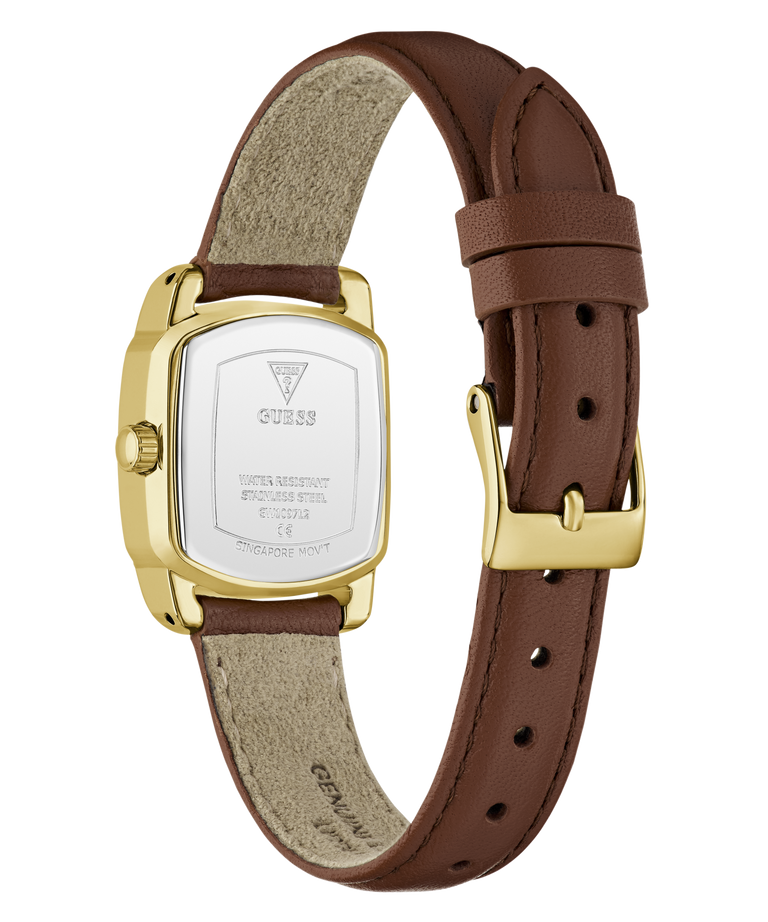 A GUESS women's watch shown from the back, featuring a gold-tone rectangular case, a brown leather strap, and a beige fabric lining.