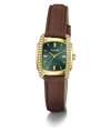 A GUESS women's watch featuring a gold-tone rectangular case with a green dial, crystal-embellished bezel, and a brown leather strap, shown on a white background with a soft shadow.