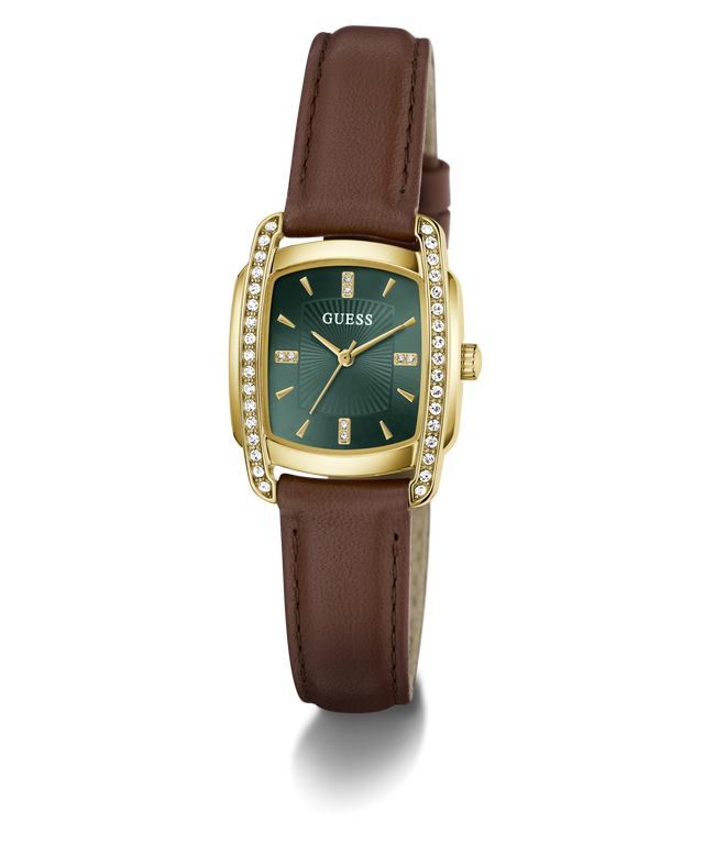 A GUESS women's watch featuring a gold-tone rectangular case with a green dial, crystal-embellished bezel, and a brown leather strap, shown on a white background with a soft shadow.