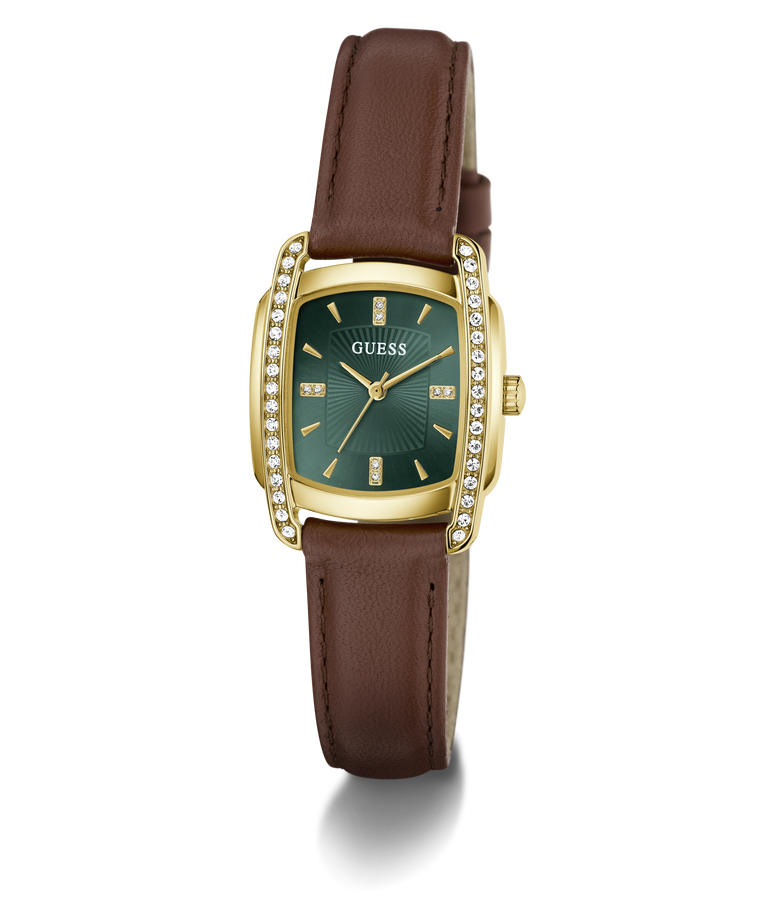 A GUESS women's watch featuring a gold-tone rectangular case with a green dial, crystal-embellished bezel, and a brown leather strap, shown on a white background with a soft shadow.