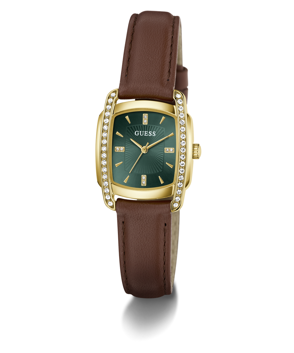 A GUESS women's watch featuring a gold-tone rectangular case with a green dial, crystal-embellished bezel, and a brown leather strap, shown on a white background with a soft shadow.
