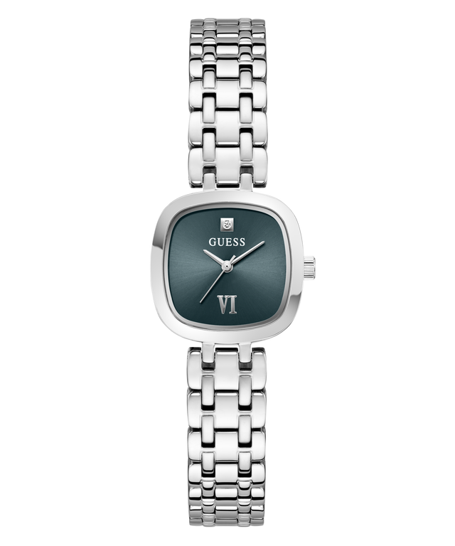 A Guess women's analog watch with a silver-toned metal link bracelet and a dark green square dial featuring Roman numeral VI.