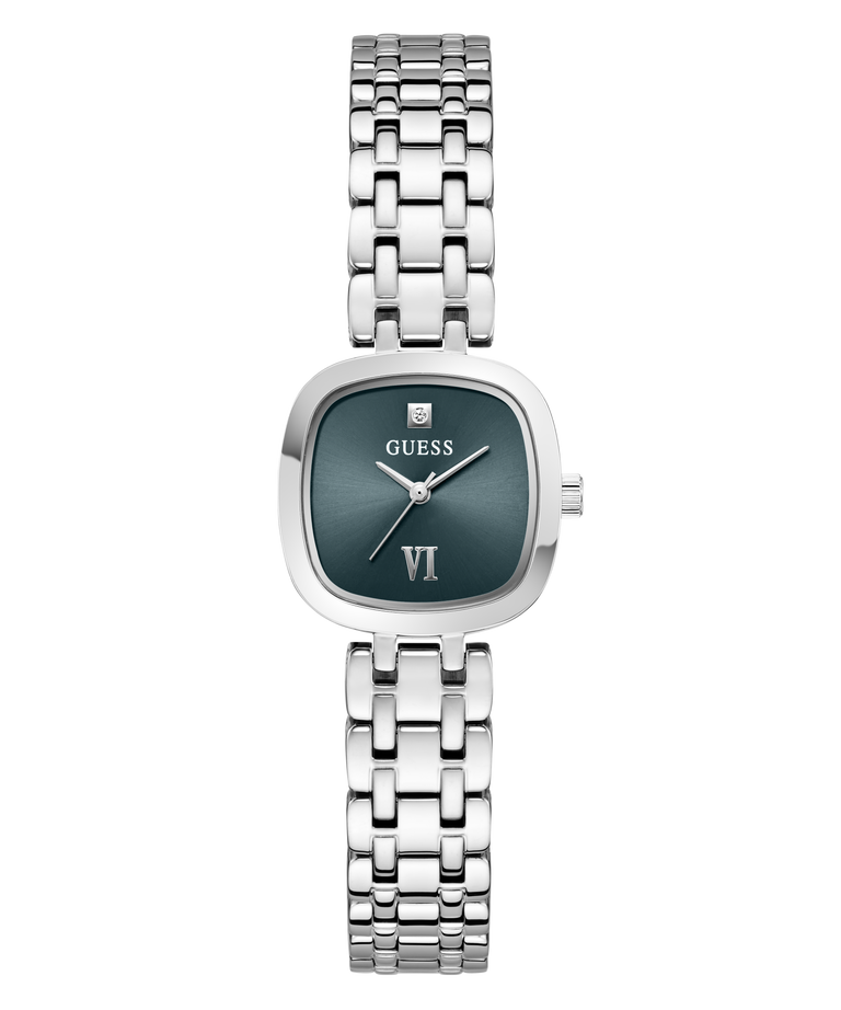 A Guess women's analog watch with a silver-toned metal link bracelet and a dark green square dial featuring Roman numeral VI.