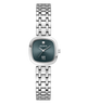 A Guess women's analog watch with a silver-toned metal link bracelet and a dark green square dial featuring Roman numeral VI.