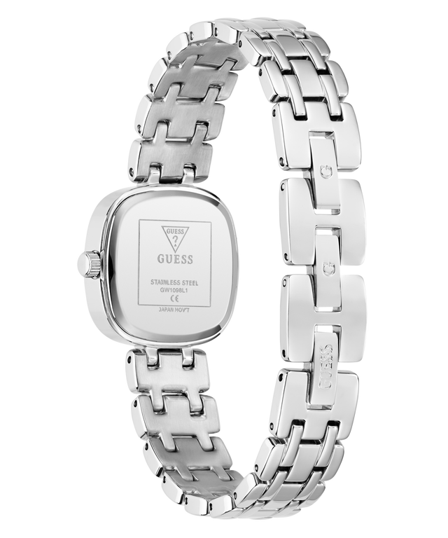 Silver stainless steel watch with a rectangular case and a multi-link bracelet, shown from the back on a white background.
