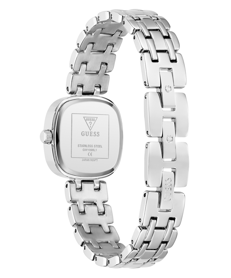 Silver stainless steel watch with a rectangular case and a multi-link bracelet, shown from the back on a white background.