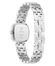 Silver stainless steel watch with a rectangular case and a multi-link bracelet, shown from the back on a white background.