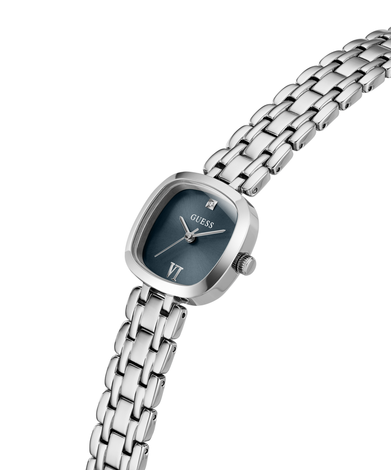 A GUESS women's watch featuring a silver-toned stainless steel case and integrated link bracelet, with a dark blue-gray dial and silver-tone hands. lifestyle