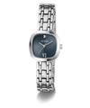A Guess women's analog watch with a silver-toned metal link bracelet, a square bezel, and a dark slate blue dial featuring Roman numeral VI and a small diamond hour marker.