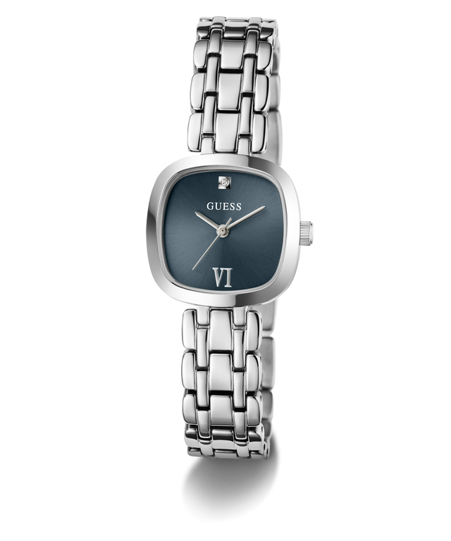 A Guess women's analog watch with a silver-toned metal link bracelet, a square bezel, and a dark slate blue dial featuring Roman numeral VI and a small diamond hour marker.