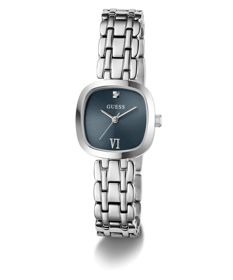 A Guess women's analog watch with a silver-toned metal link bracelet, a square bezel, and a dark slate blue dial featuring Roman numeral VI and a small diamond hour marker.