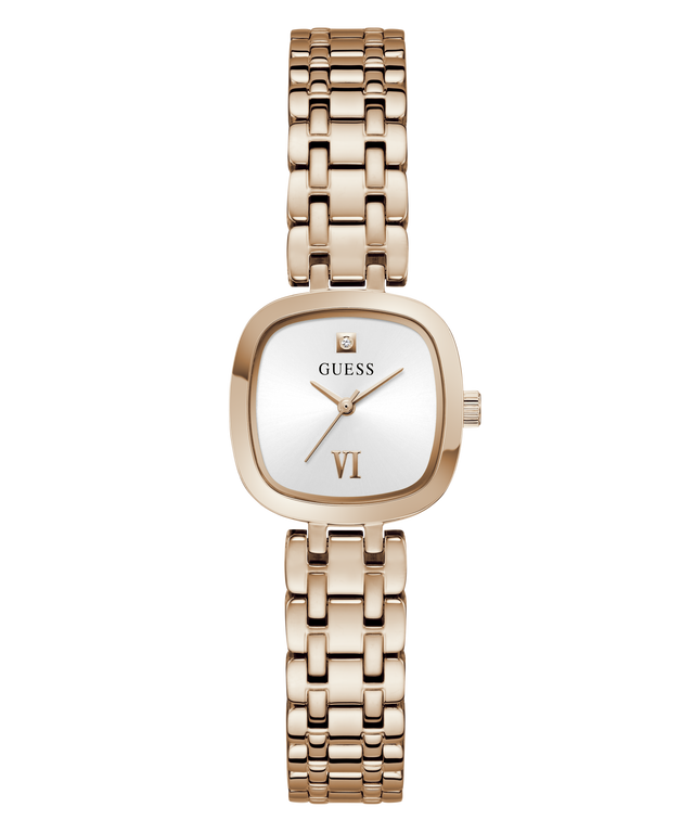 A Guess women's analog watch with a rose gold-toned metal link bracelet, a square cushion-shaped dial, and a white dial with gold-tone hands and Roman numeral VI.