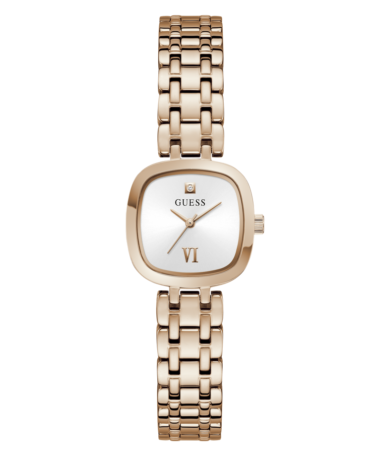 A Guess women's analog watch with a rose gold-toned metal link bracelet, a square cushion-shaped dial, and a white dial with gold-tone hands and Roman numeral VI.