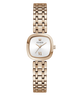 A Guess women's analog watch with a rose gold-toned metal link bracelet, a square cushion-shaped dial, and a white dial with gold-tone hands and Roman numeral VI.