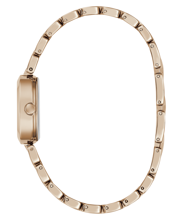 A rose gold watch band with a matching round case, shown from the side profile against a solid white background.