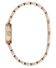 A rose gold watch band with a matching round case, shown from the side profile against a solid white background.