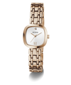 A GUESS women's watch featuring a rose gold-toned stainless steel case and integrated link bracelet, with a white dial and a small diamond hour marker.