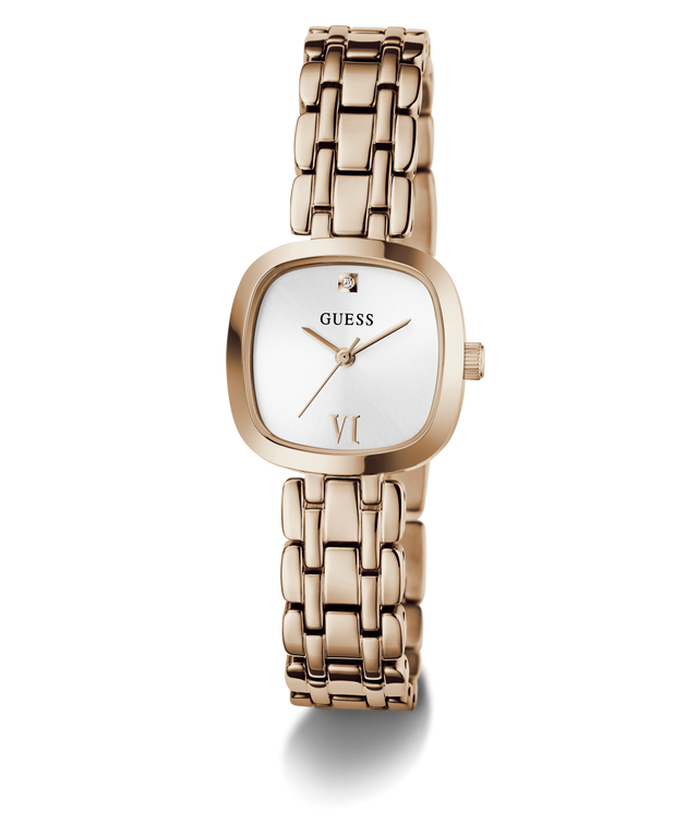 A GUESS women's watch featuring a rose gold-toned stainless steel case and integrated link bracelet, with a white dial and a small diamond hour marker.