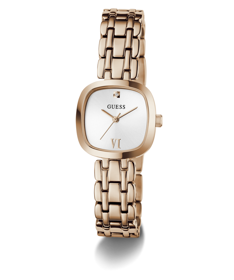 A GUESS women's watch featuring a rose gold-toned stainless steel case and integrated link bracelet, with a white dial and a small diamond hour marker.