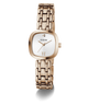 A GUESS women's watch featuring a rose gold-toned stainless steel case and integrated link bracelet, with a white dial and a small diamond hour marker.