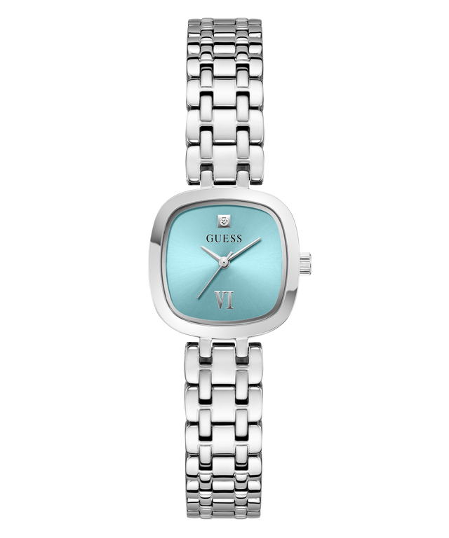 A Guess women's watch featuring a silver-tone stainless steel link bracelet and a light blue dial with Roman numeral VI.